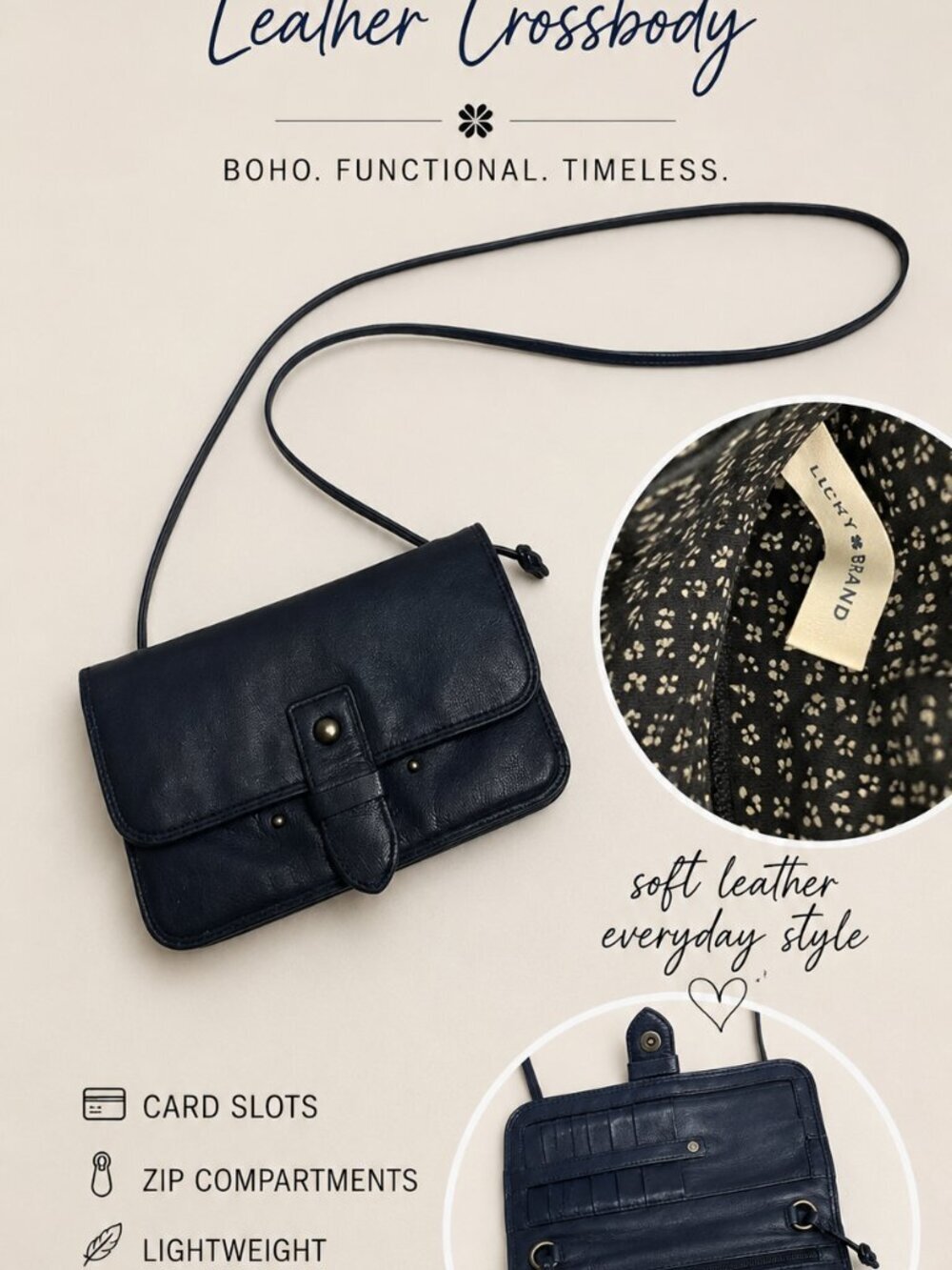 Lucky Brand Navy Blue Leather Crossbody Wallet Purse Boho Organizer